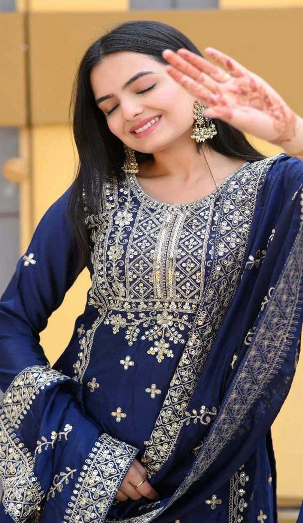 Navy Blue Chinon Embroidery Work Party Wear Sharara Suit - 11360200437