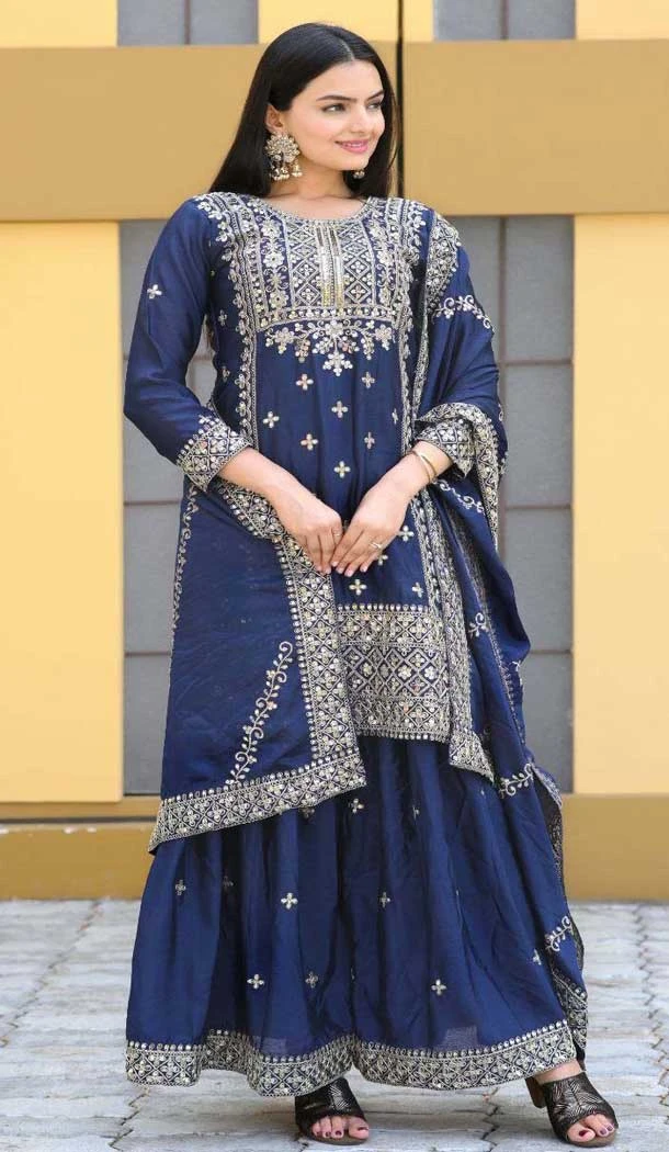 Navy Blue Chinon Embroidery Work Party Wear Sharara Suit - 11360200437
