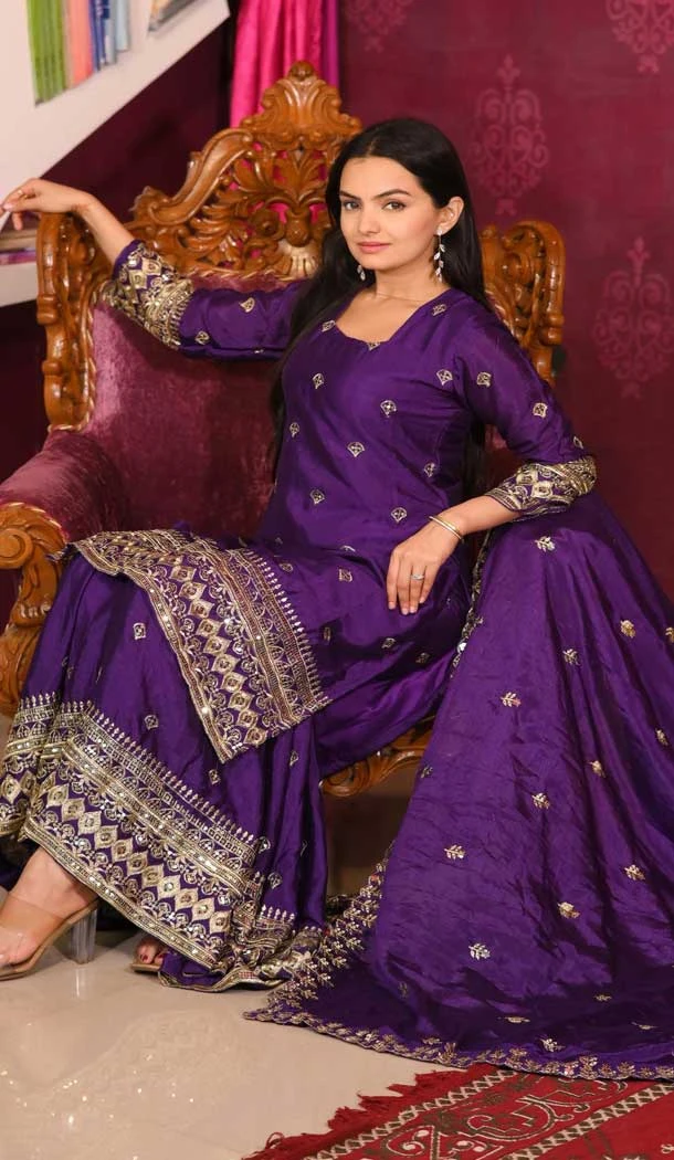 Purple Chinon Embroidery Work Party Wear Sharara Suit - 11360200438