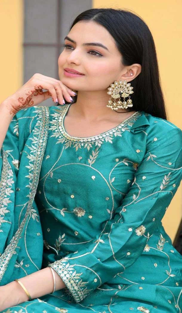 Rama Green Chinon Embroidery Work Party Wear Sharara Suit - 11360200439