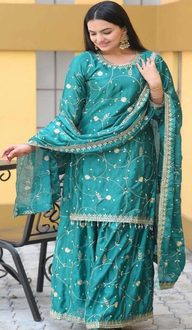 Rama Green Chinon Embroidery Work Party Wear Sharara Suit - 11360200439