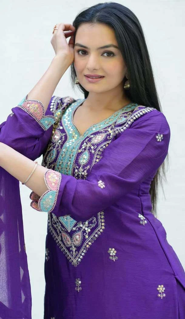 Chinon Embroidery Work Party Wear Sharara Suit In Purple - 11360200440