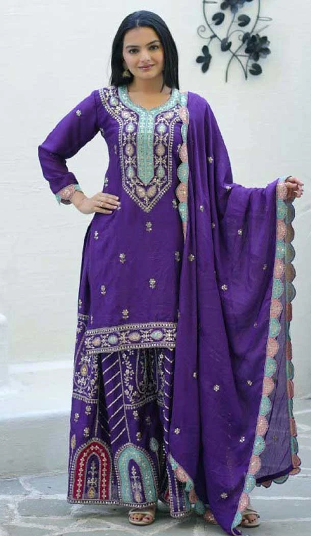 Chinon Embroidery Work Party Wear Sharara Suit In Purple - 11360200440