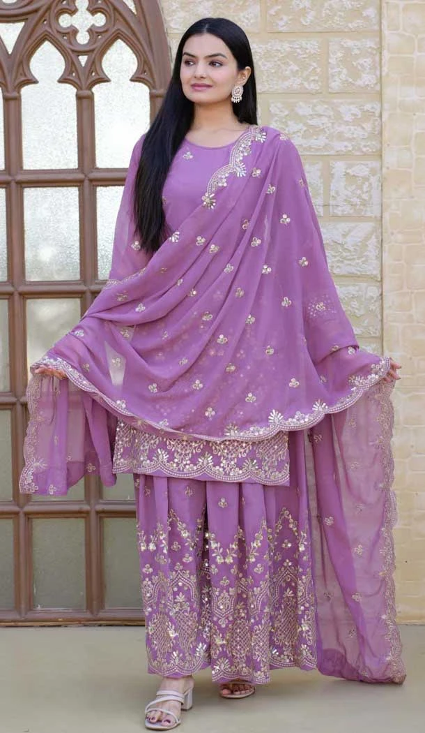 Lavender Fox Georgette Embroidery Work Party Wear Sharara Suit - 11360200441 Lavender Fox Georgette Embroidery Work Party Wear Sharara Suit - 11360200441