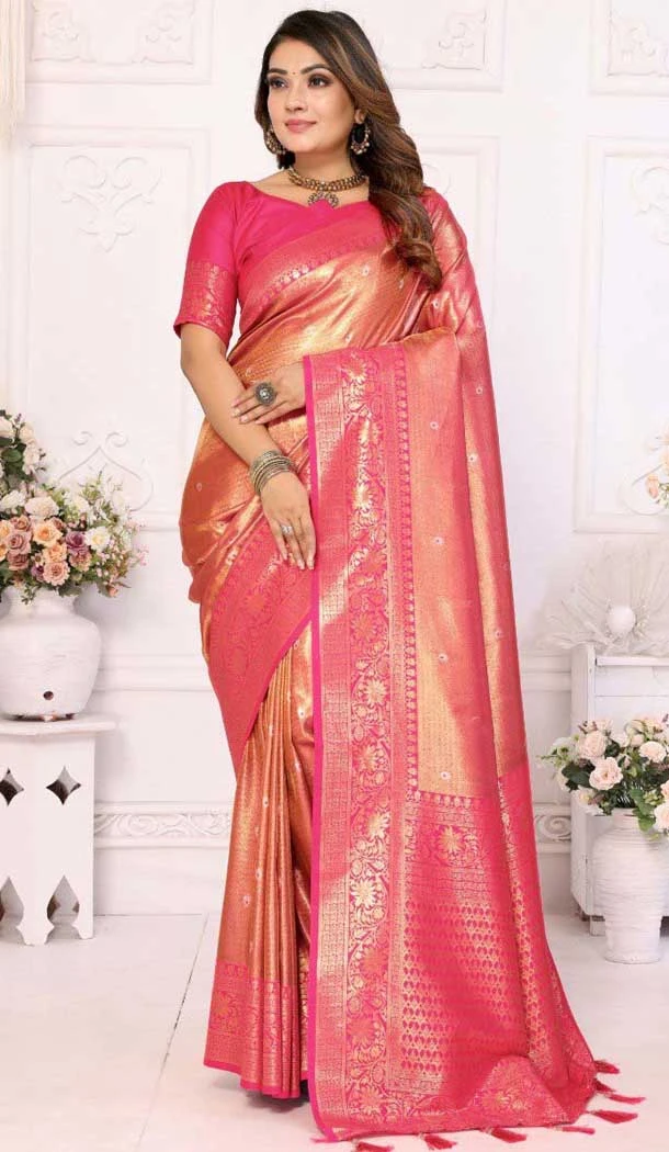 Banarasi Silk Zari Work Traditional Wear Saree In Gajri Pink - 11257199933 Banarasi Silk Zari Work Traditional Wear Saree In Gajri Pink - 11257199933