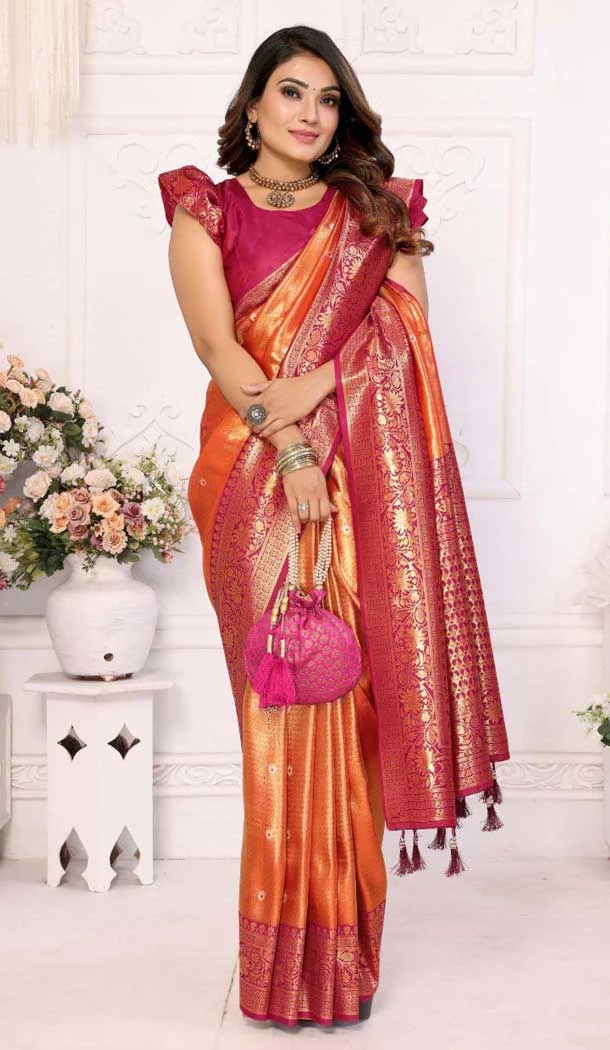 Banarasi Silk Zari Work Traditional Wear Saree In Orange - 11257199934