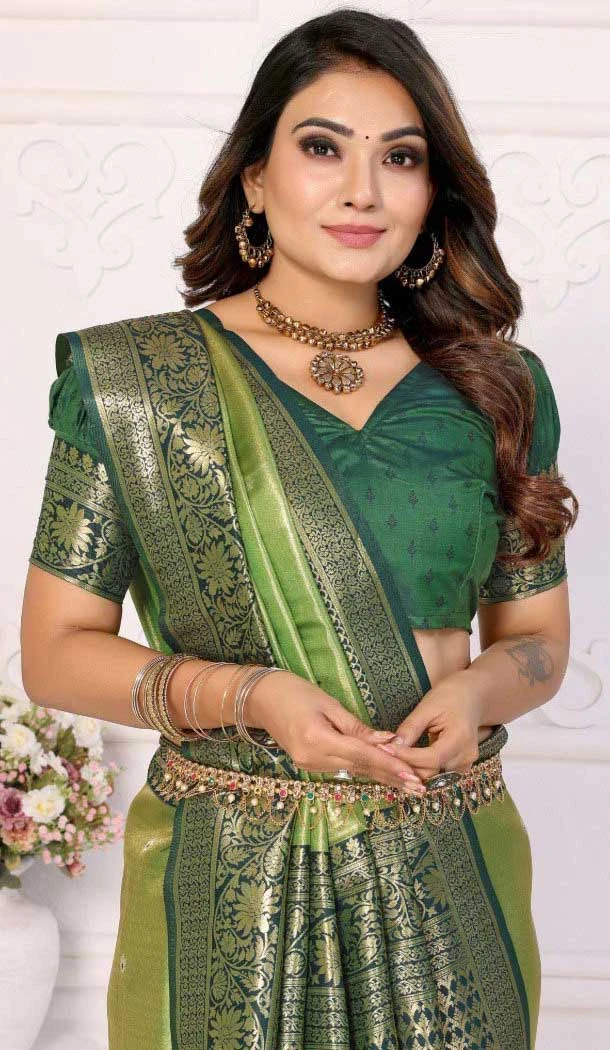 Banarasi Silk Zari Work Traditional Wear Saree In Pista Green - 11257199935