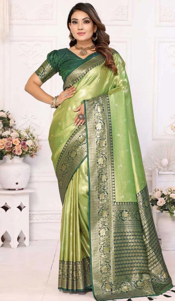 Banarasi Silk Zari Work Traditional Wear Saree In Pista Green - 11257199935