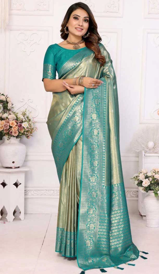 Banarasi Silk Zari Work Traditional Wear Saree In Sea Green - 11257199936