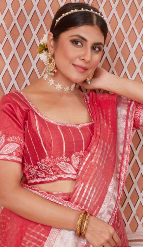 Nylon Zari Work Traditional Party Wear Saree In Red - 11276200048