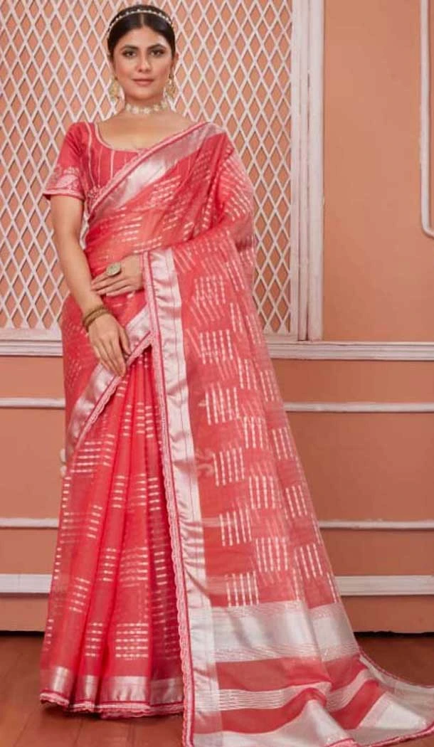 Nylon Zari Work Traditional Party Wear Saree In Red - 11276200048