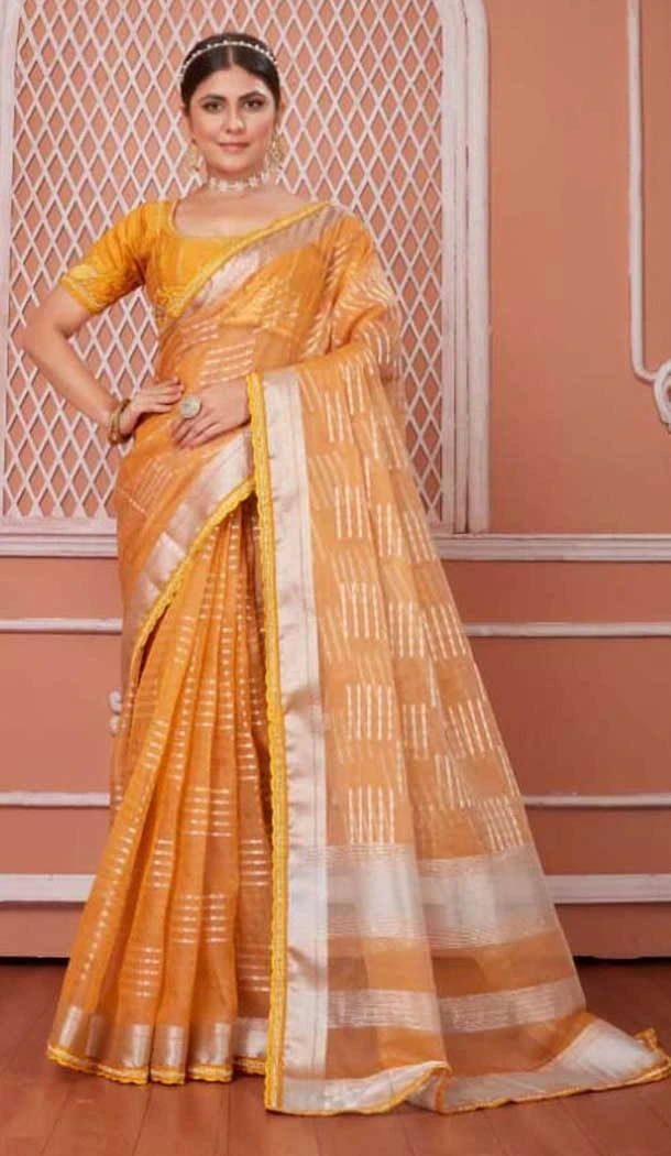 Nylon Zari Work Traditional Party Wear Saree In Yellow - 11276200050