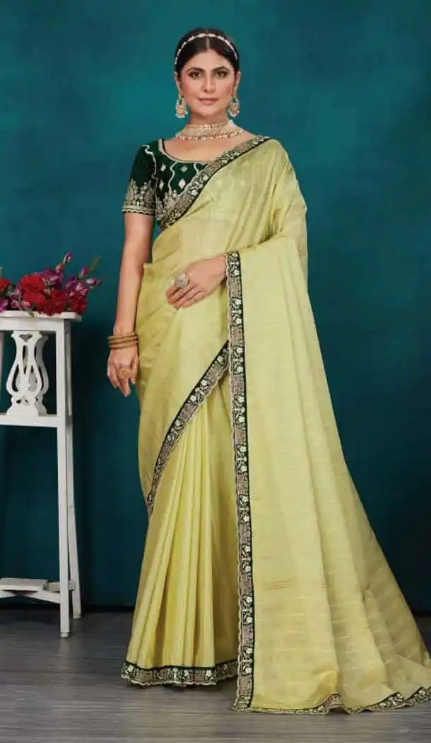 Light Pista Top Dyed Zari Work Party Wear Saree - 11277200054