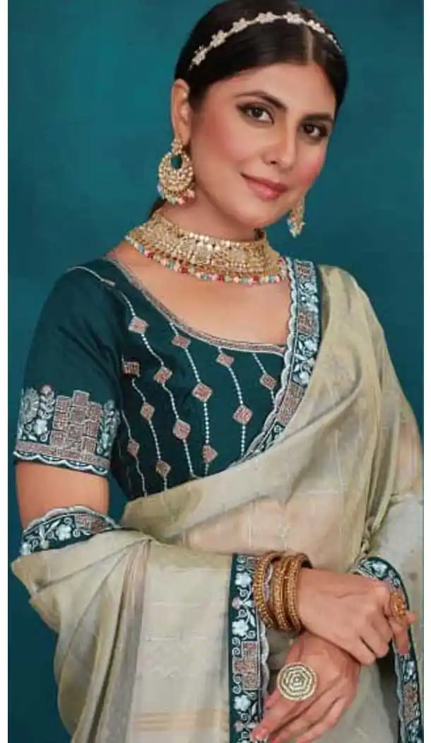 White Greenish Top Dyed Zari Work Party Wear Saree - 11277200056