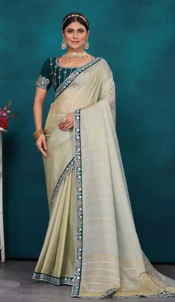 White Greenish Top Dyed Zari Work Party Wear Saree - 11277200056