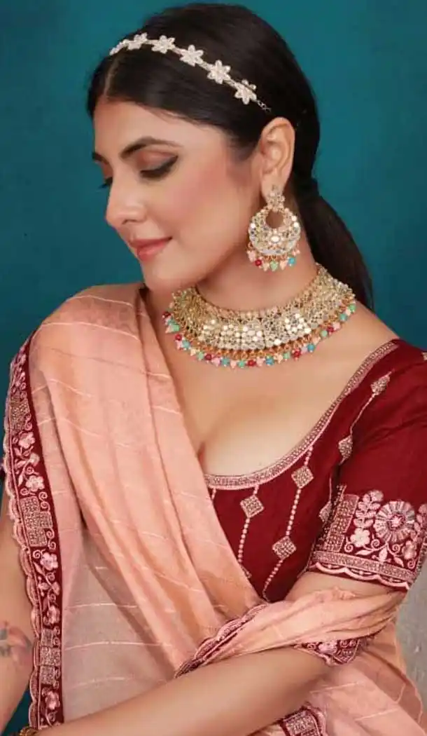 Peach Top Dyed Zari Work Party Wear Saree - 11277200057