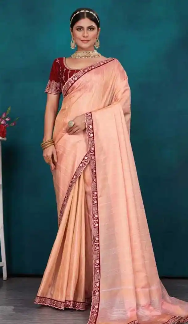 Peach Top Dyed Zari Work Party Wear Saree - 11277200057