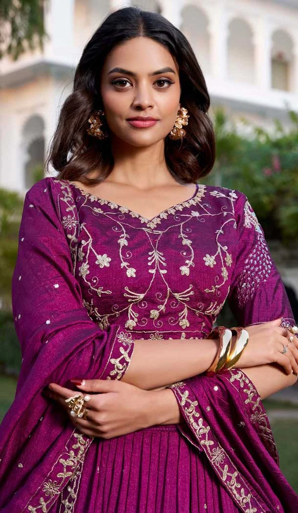 Vichitra Silk Embroidered Party Wear Lehenga Choli In Wine - 11318200276