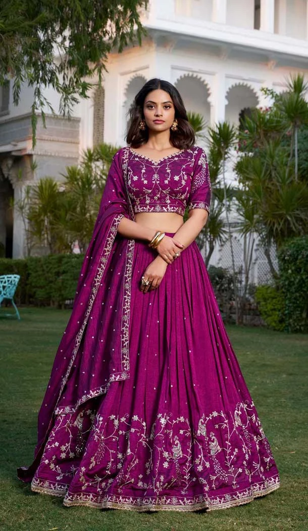 Vichitra Silk Embroidered Party Wear Lehenga Choli In Wine - 11318200276