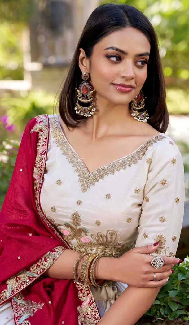 Vichitra Silk Embroidered Party Wear Lehenga Choli In Cream - 11318200277
