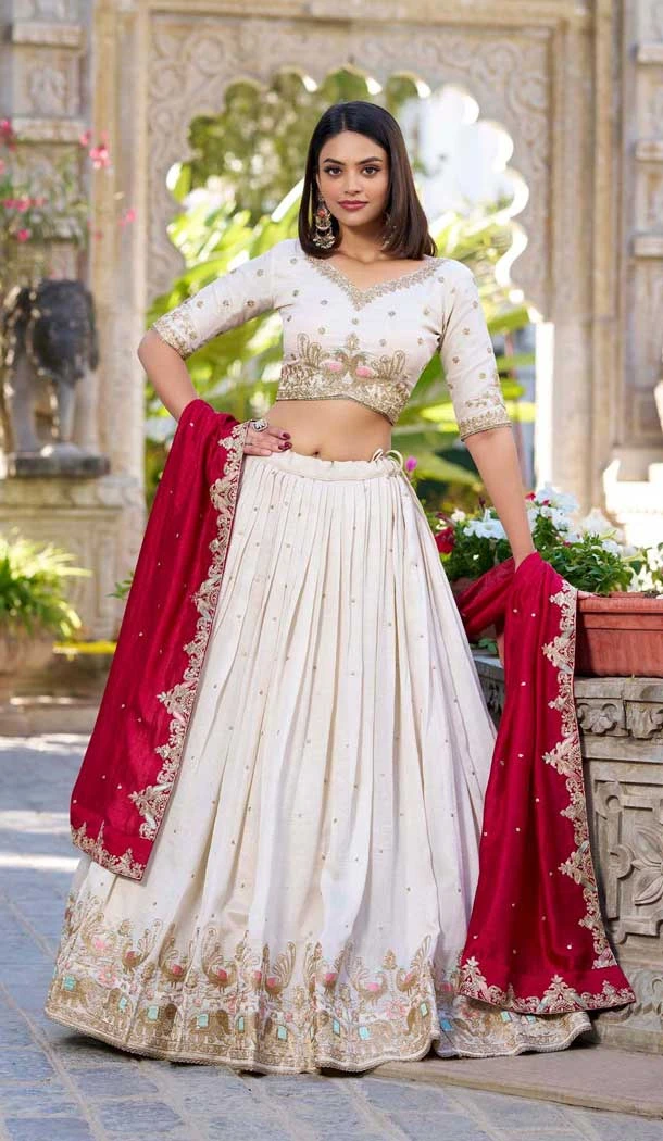 Vichitra Silk Embroidered Party Wear Lehenga Choli In Cream - 11318200277