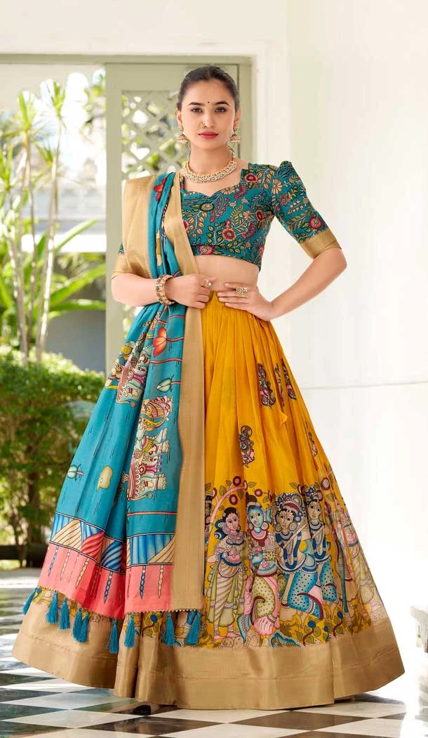 Mustard Dola Silk Printed Traditional Party Wear Lehenga Choli - 11326200323