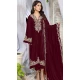 Velvet Embroidered Pakistani Salwar Kameez In Maroon - 11327200326