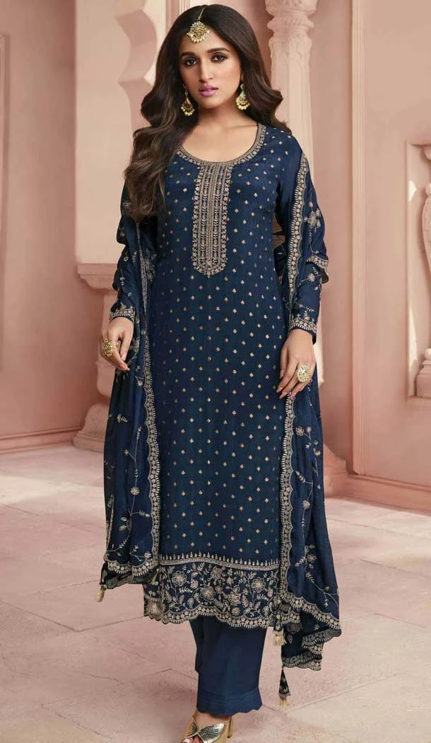 Navy Blue Dola Silk Embroidered Party Wear Salwar Suit - 11334200356