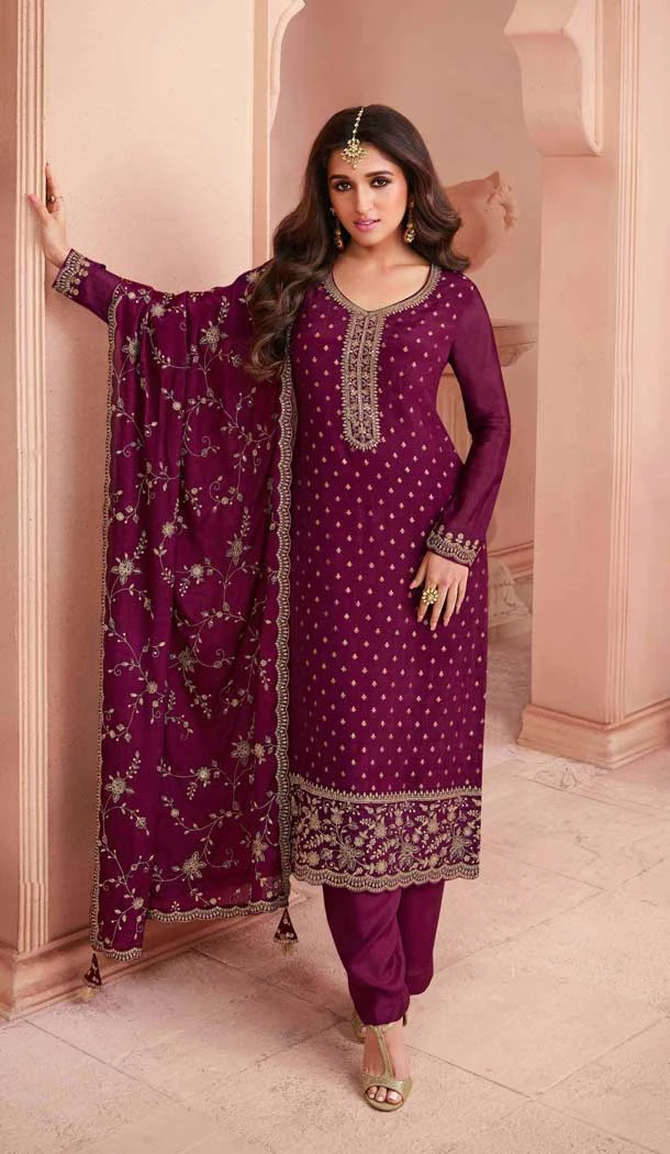 Wine Dola Silk Embroidered Party Wear Salwar Suit - 11334200357