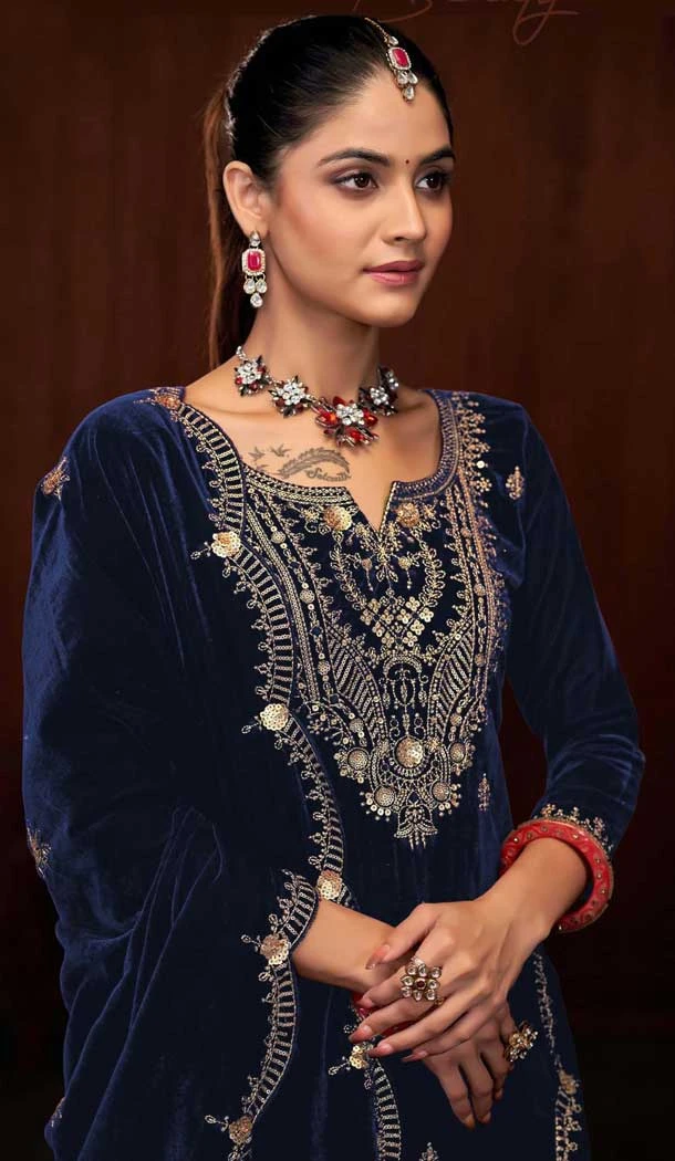 Velvet Sequence Work Party Wear Palazzo Suit In Navy Blue - 11335200358