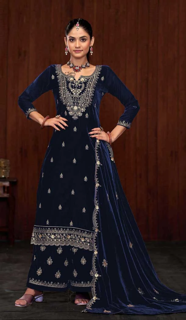 Velvet Sequence Work Party Wear Palazzo Suit In Navy Blue - 11335200358