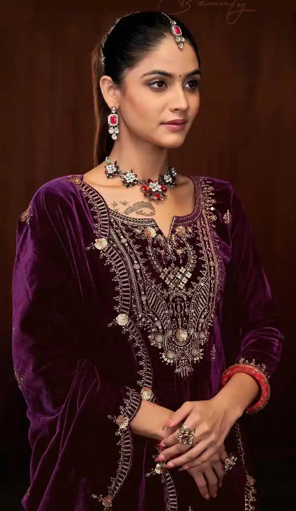 Velvet Sequence Work Party Wear Palazzo Suit In Purple - 11335200359