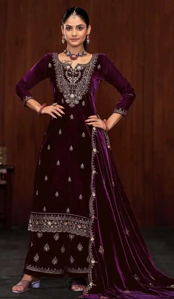 Velvet Sequence Work Party Wear Palazzo Suit In Purple - 11335200359