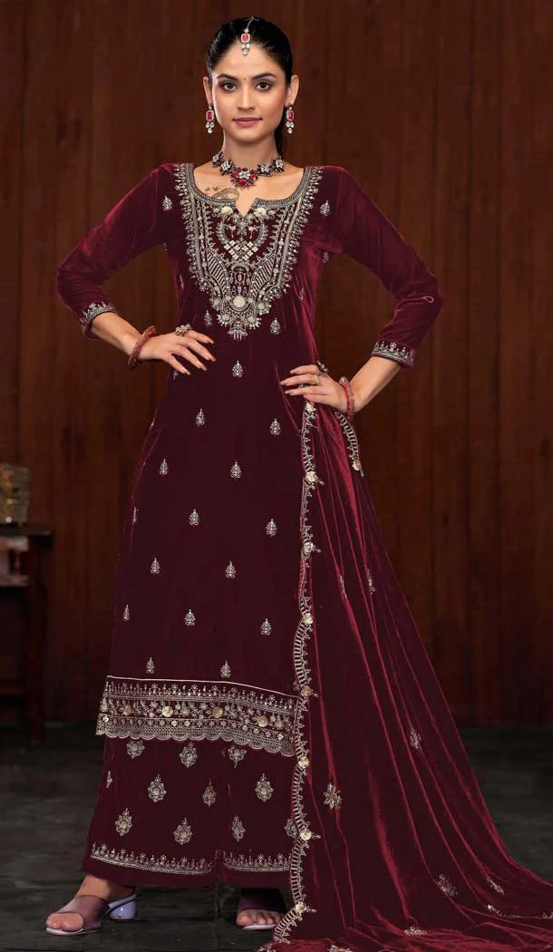 Velvet Sequence Work Party Wear Palazzo Suit In Maroon - 11335200361