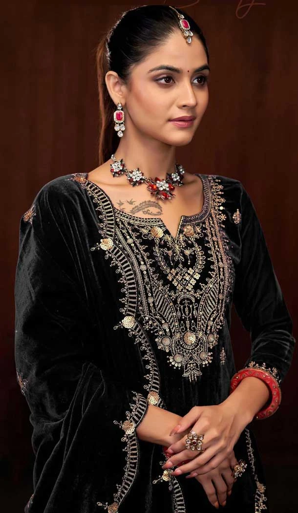 Velvet Sequence Work Party Wear Palazzo Suit In Black - 11335200362