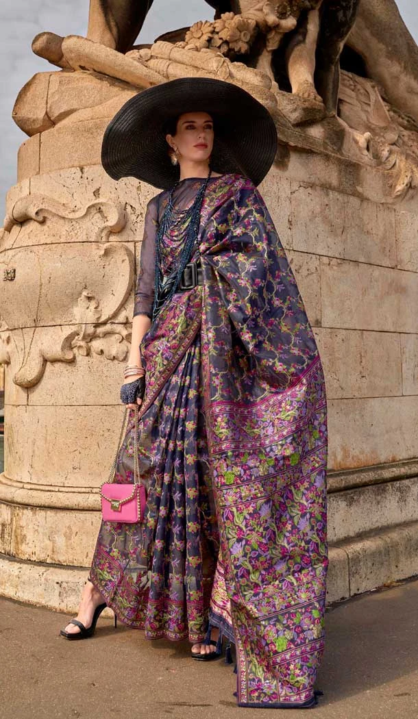 Navy Blue Organza Silk Weaving Work Party Wear Saree - 11292200113