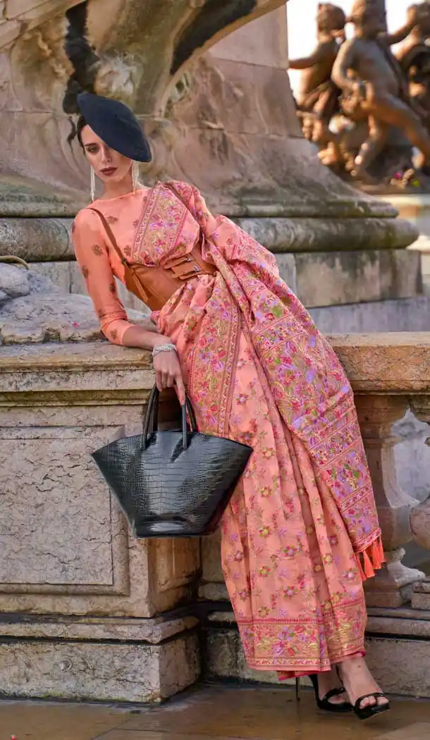 Peach Organza Silk Weaving Work Party Wear Saree - 11292200114