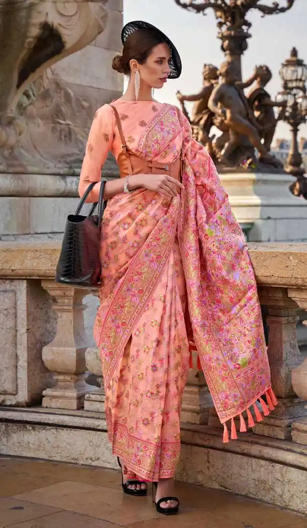 Peach Organza Silk Weaving Work Party Wear Saree - 11292200114