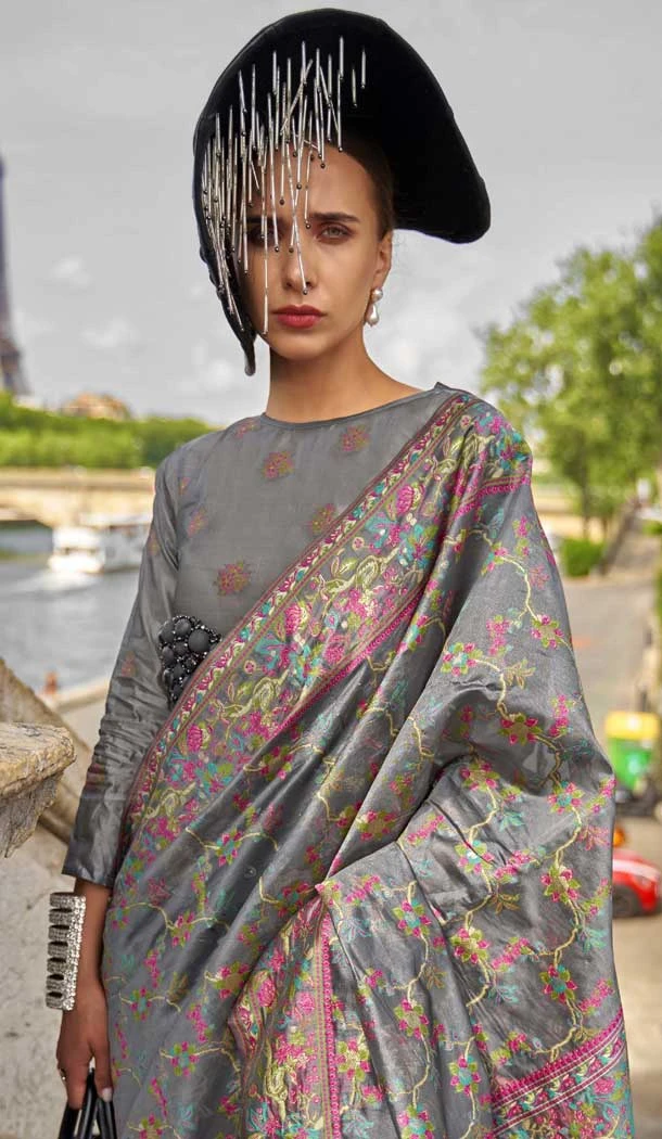 Grey Organza Silk Weaving Work Party Wear Saree - 11292200116