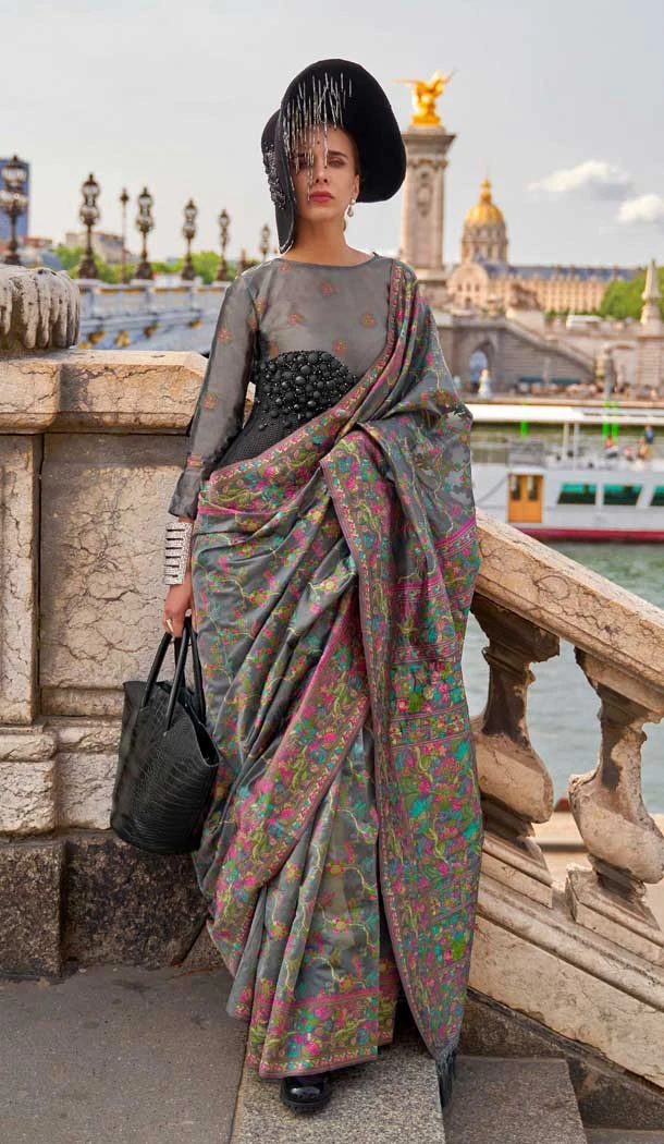 Grey Organza Silk Weaving Work Party Wear Saree - 11292200116