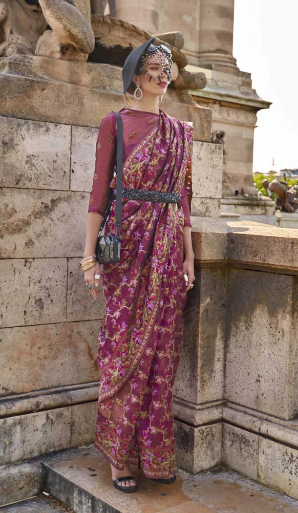Wine Organza Silk Weaving Work Party Wear Saree - 11292200117