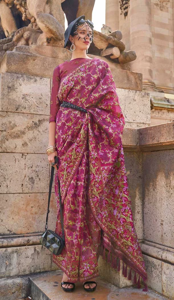 Wine Organza Silk Weaving Work Party Wear Saree - 11292200117