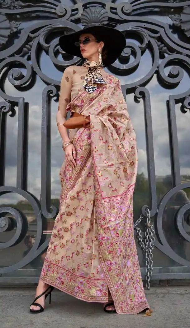 Cream Organza Silk Weaving Work Party Wear Saree - 11292200118