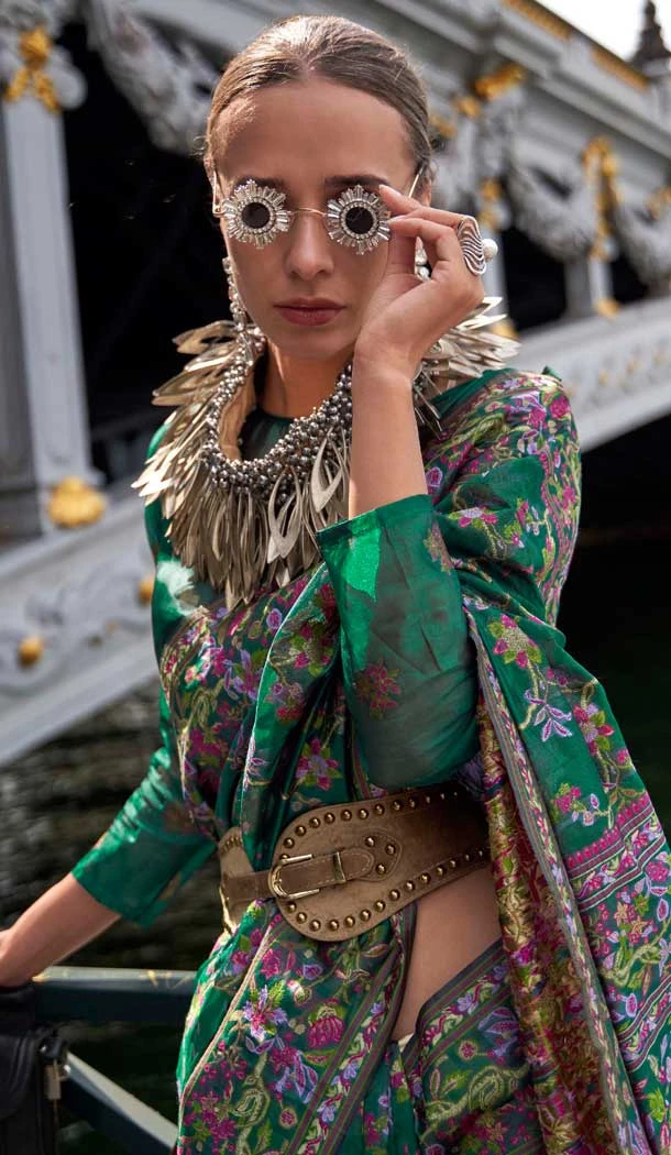 Dark Green Organza Silk Weaving Work Party Wear Saree - 11292200120