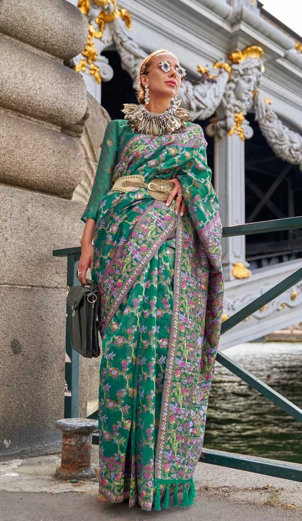 Dark Green Organza Silk Weaving Work Party Wear Saree - 11292200120