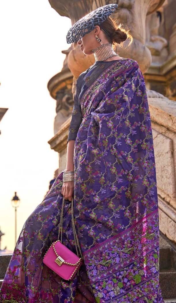 Organza Silk Weaving Work Party Wear Saree In Navy Blue - 11292200121