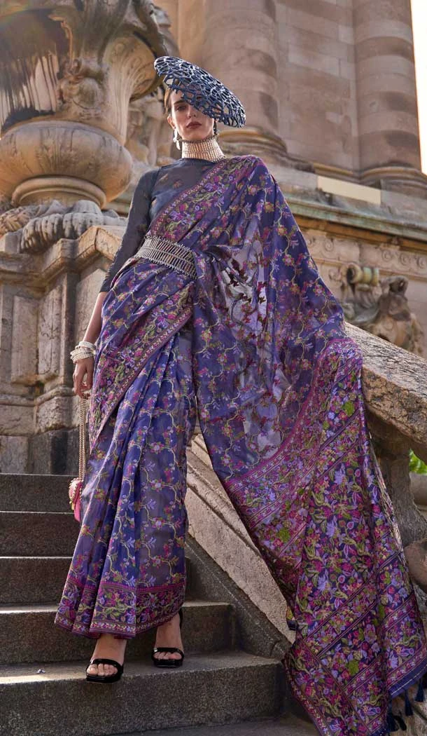 Organza Silk Weaving Work Party Wear Saree In Navy Blue - 11292200121