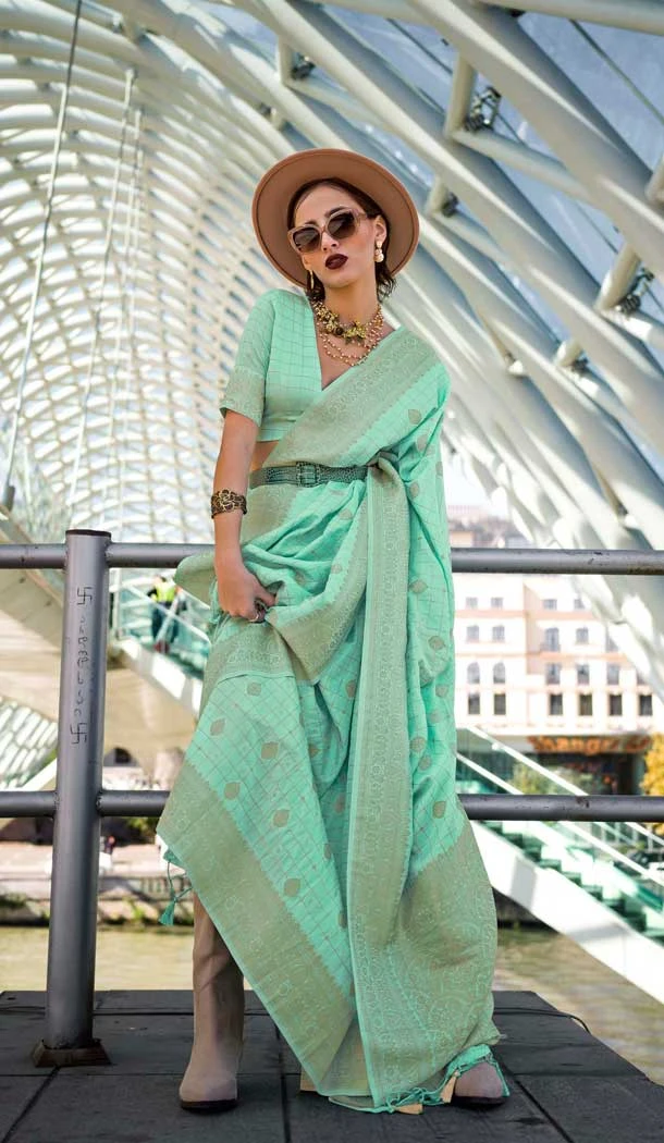 Silk Weaving Work Party Wear Saree In Mint Green - 11293200125