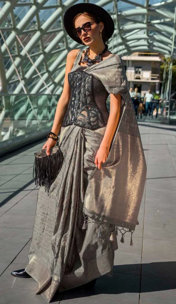 Silk Weaving Work Party Wear Saree In Grey - 11293200126