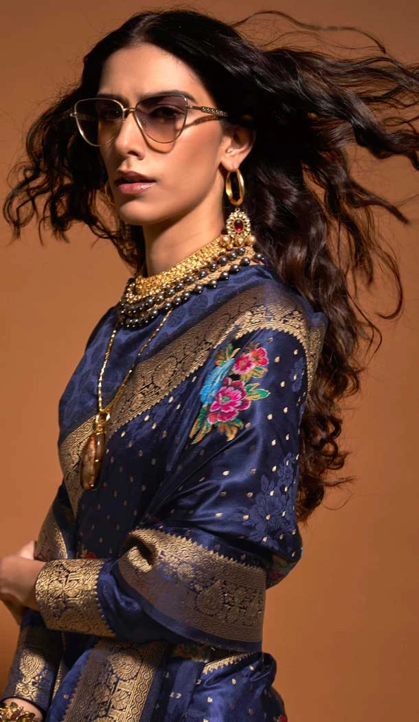 Satin Resham Work Designer Party Wear Saree In Navy Blue - 11302200178